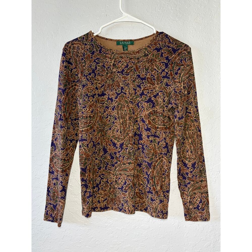 Lauren Ralph Lauren Crew Neck Long-Sleeve Top Sz M Old Money Boho Cotton